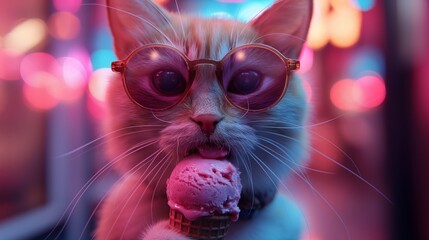 Close-up of a cat licking ice cream, wearing sunglasses, a kitten eating sundae - obrazy, fototapety, plakaty