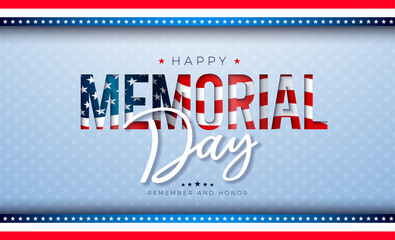 Memorial Day of the USA Vector Illustration with American Flag in Text Label on Light Background. National Veteran Patriotic Celebration Design with Typography Lettering for Banner, Flyer, Greeting