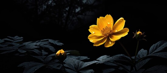 Yellow flower with water droplets in darkness