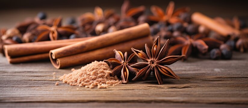 Cinnamon and anise spices on wooden surface with variety of seasonings