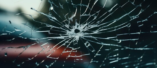 Broken glass window with car in backdrop