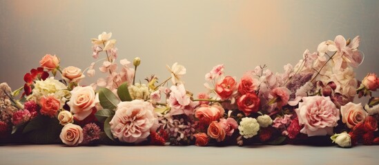Various flowers arranged in a line on a table