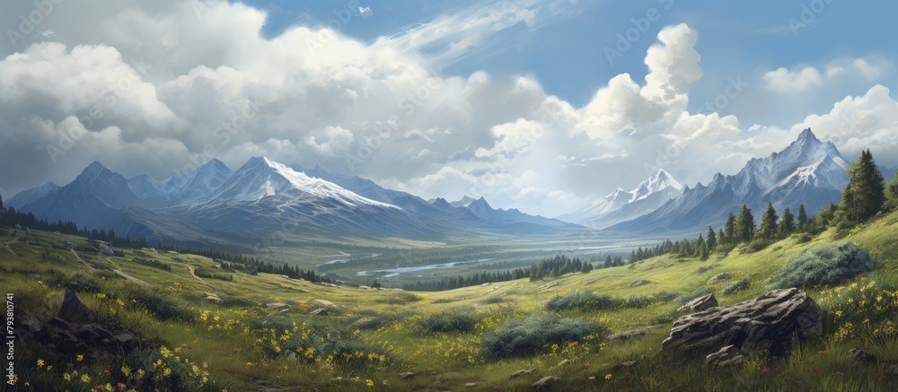 Wall mural Mountain landscape painting with river and valley