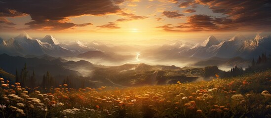 Mountain landscape with floral meadow under a setting sun - obrazy, fototapety, plakaty