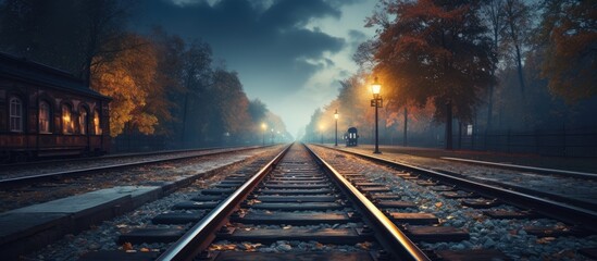 Train track illuminated by light - obrazy, fototapety, plakaty