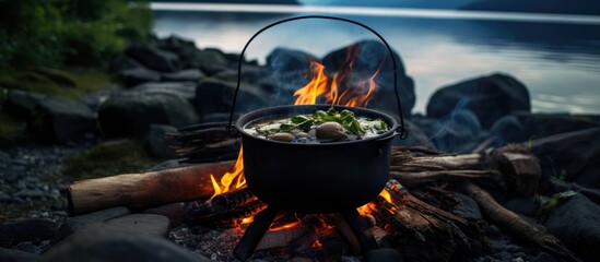 Soup simmering over campfire by water