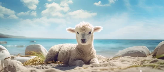 Fotobehang A sheep rests on sandy ground © Ilgun