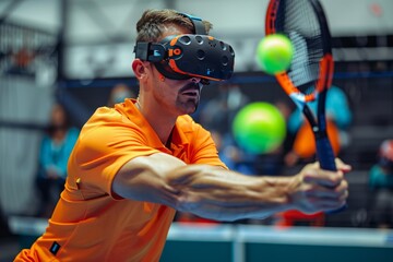 A tennis player analyzing serve accuracy and ball trajectory using a virtual reality simulator.