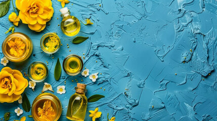 A blue background with a bunch of different colored bottles of oil and flowers. The bottles are arranged in a way that they look like they are on a table. Scene is calm and peaceful, as the flowers