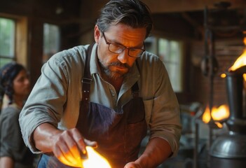 A blacksmith forges metal with a hammer on an anvil in a traditional workshop setting.