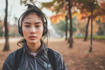 Woman runner running in autumn forest. Young mixed race girl jogging in fall colors.