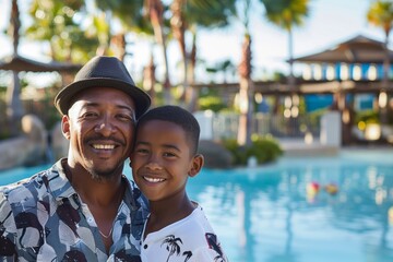 Portrait of an Afro American father with a young son against the background of a swimming pool and palm trees