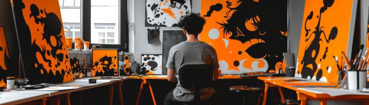 Art studio, painter at work, creative chaos, expressive sketch, artistic and busy, natural daylight