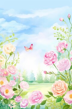 A beautiful watercolor painting of a garden with pink and peach roses, green leaves, and a blue sky.