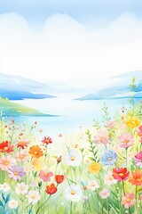 Fototapeta na wymiar A watercolor painting of a field of flowers in front of a lake and mountains.