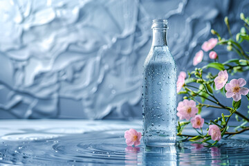 Fresh clean drinking water bottle mockup on blue spring background. Freshness and purity of life