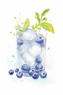 A watercolor painting of a glass of water with blueberries and ice cubes.