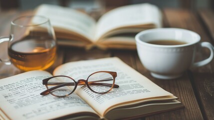 AI generated illustration of eyeglasses on a book beside a coffee cup - obrazy, fototapety, plakaty