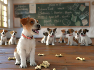 A dog teaching a class of puppies the art of fetching and the history of bones , hyper realistic, low noise, low texture
