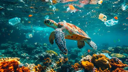 a striking image of a solitary sea turtle navigating through a vibrant coral reef, and plastic pollution; highlighting the stark contrast of beauty and environmental degradation.