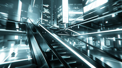 A futuristic cityscape with escalators and a bright neon sky. Concept of motion and energy, as if the city is constantly in motion. The escalators are a symbol of progress and modernity