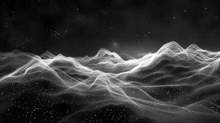 A black and white image of a mountain range with a starry sky in the background. Concept of vastness and wonder, as the mountains seem to stretch on forever into the distance