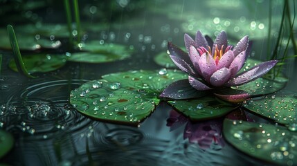 Imagine a water lily emerging from a murky green pond The lily pad itself is a vibrant green mosaic, formed from hundreds of tiny water droplets clinging to its surface The flower, meanwhile, is a dee - obrazy, fototapety, plakaty