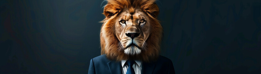 Fototapeta premium A lion in a business suit, commanding the corporate jungle , hyper realistic, low noise, low texture