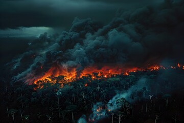 Fototapeta na wymiar Aerial View of Burning Rainforest at Night An Epic Cinematic Masterpiece in Photography