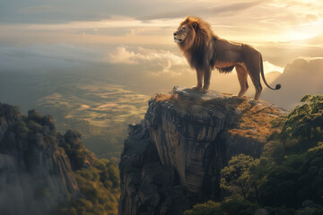 A lion standing atop a mountain, overseeing worlds beyond , hyper realistic, low noise, low texture