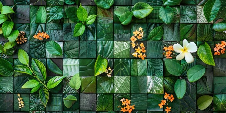 a mosaic-inspired square pattern using photos of nature elements like leaves and flowers, ideal for eco-friendly branding or environmental campaigns.