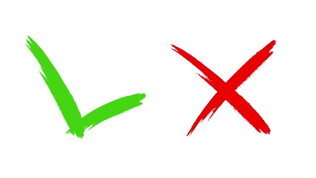 Checkmark and Cross Brush Stroke Animation with Paint Style on white and black background (Alpha). Yes No Hand drawn symbol. Green Check and Red X Animated Brushes. 