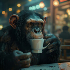 A monkey drinking morning coffee at a cafe where the cups float and refill themselves , hyper realistic, low noise, low texture