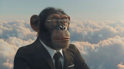 A monkey in a business suit, closing deals in a skyscraper above the clouds , hyper realistic, low noise, low texture