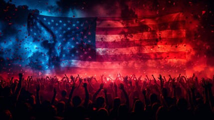 Silhouette of a party crowd with banners and flags on an American flag background