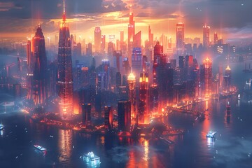 Obraz premium Glowing Metropolis Skyline Illuminated at Dusk with Futuristic Architectural Skyscrapers and Cityscape