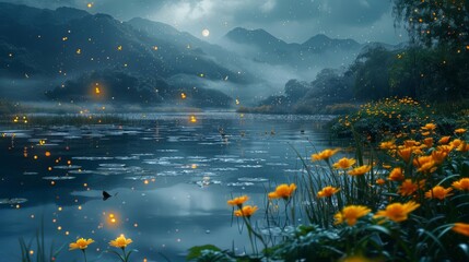 A tranquil pond bathed in moonlight fills the background A colony of fireflies illuminates the scene, their glowing orbs floating in the air In the foreground, on the right side, a cluster of cheerful