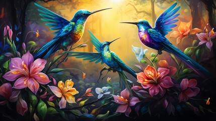 Fototapeta premium A vibrant painting featuring two hummingbirds perched on a branch surrounded by colorful flowers
