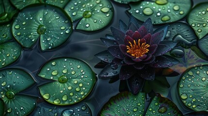 A murky green pond forms the backdrop A single water lily pad, a vibrant green mosaic of water droplets, emerges from the center The flower itself is a deep, velvety purple, almost black, with a singl - obrazy, fototapety, plakaty