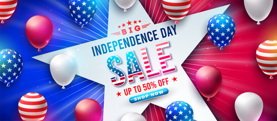 Fourth of July Independence Day Sale Banner Design with Party Balloon on Red and Blue Background. USA National Holiday Vector Illustration with Special Offer Typography Elements for Coupon, Voucher