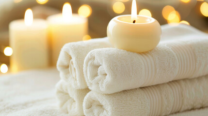 A candle sits on top of a stack of white towels. The candles are lit, creating a warm and inviting atmosphere. The towels are neatly stacked on top of each other, suggesting a sense of order
