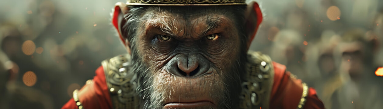 A monkey king wearing a crown, ruling over a kingdom where animals talk and rivers flow uphill , hyper realistic, low noise, low texture