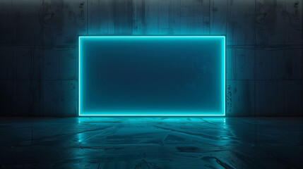 Futuristic neon rectangle on dark grunge wall.
