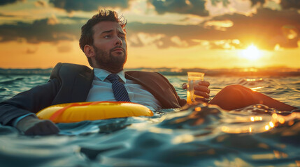 A businessman in a business suit floating on top of a body of water, clutching a lifebuoy
