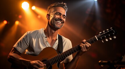 A man smiles, strumming a guitar on stage