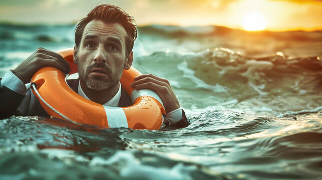 A dapper businessman in a suit and tie floating in the vast ocean with a lifebuoy, creating a surreal and thought-provoking scene - Powered by Adobe