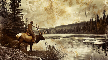 A skilled hunter riding a majestic deer by a tranquil lake, embodying a magical and surreal scene. Retro photography
