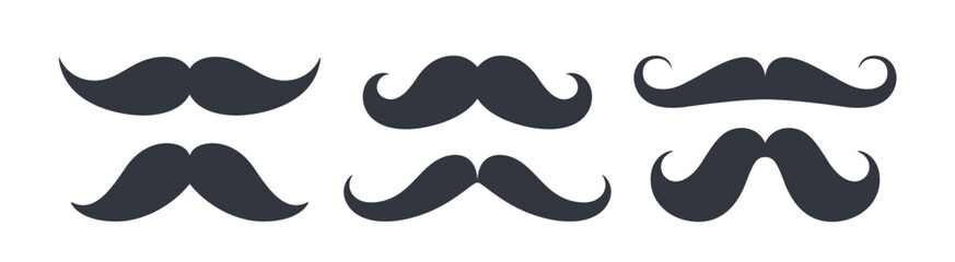 Black set mustaches. Collection silhouette black vintage moustache isolated on white background. Symbol of Fathers day, sign for Barber Shop. Retro curly hipster moustaches. Vector illustration - 793815720