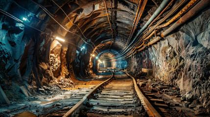 A train track winds through a dark tunnel, disappearing into the shadows as it ventures deeper into the unknown - obrazy, fototapety, plakaty