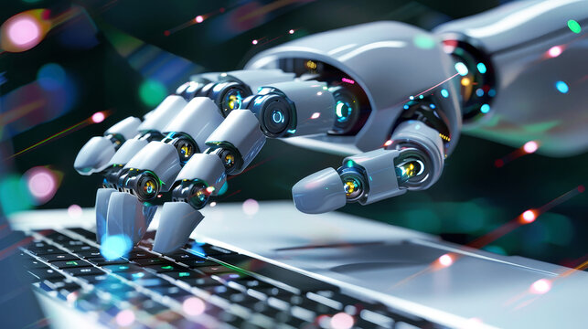A robotic hand, infused with artificial intelligence, gracefully types on a laptop keyboard